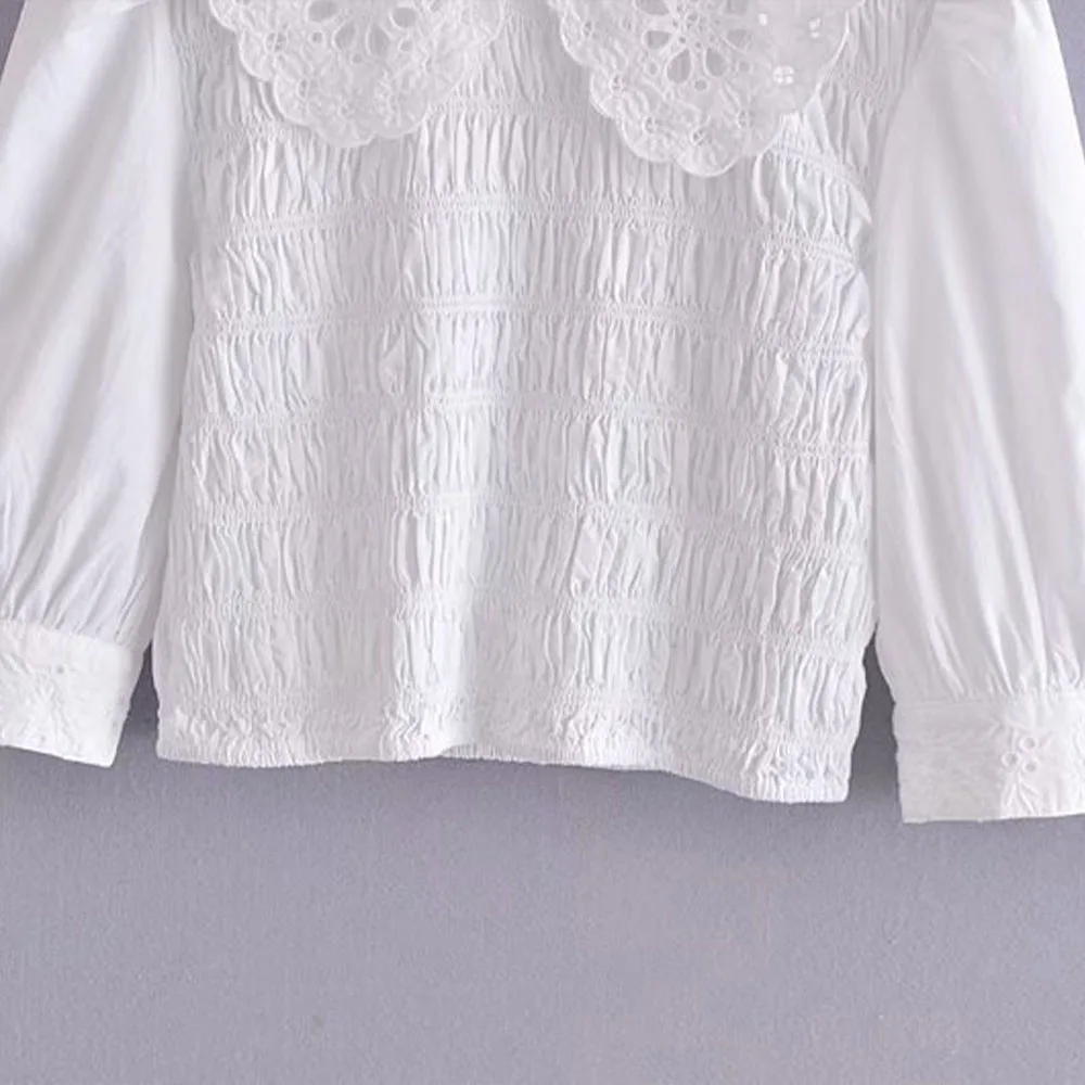 

2021 spring new women's white all-match doll collar mid-sleeve short hedging stitching stretch poplin top shirt