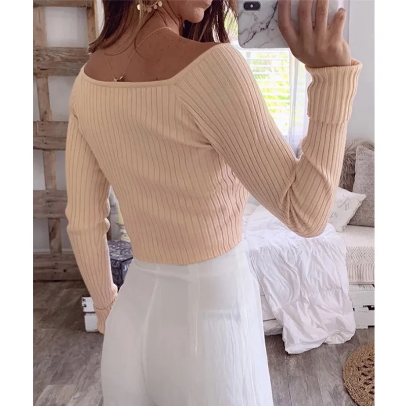 

V Neck Knitt Pullover Autumn Long Sleeve Sweater Short Knitwear Crop Top FashionElastic Slim Tight JumpersHot Sale Pull Femme