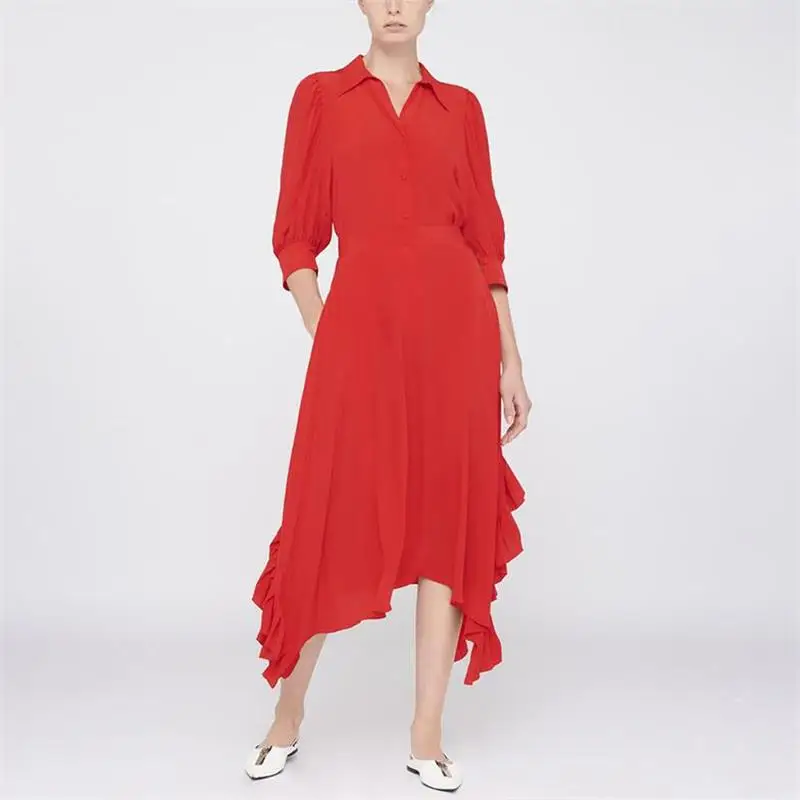 Женское платье с отложным воротником весенне-летнее однотонное красное