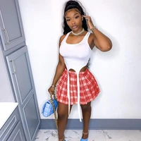 sexy cute two piece set women strap crop top and plaid high waist pleated skirts matching sets 2021 fashion outfits streetwear