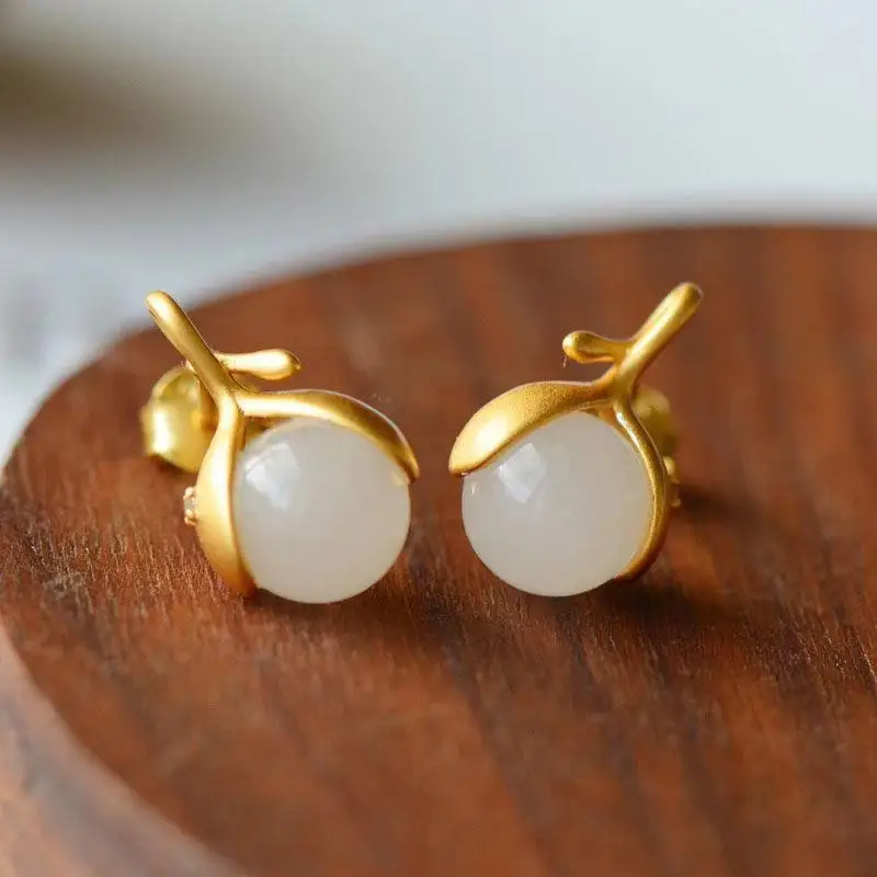 

Natural Hetian Jade Ear Studs Women's Sterling Silver Anti-Allergy Jasper Earrings Women's Graceful and Petite Retro Chinese Sty