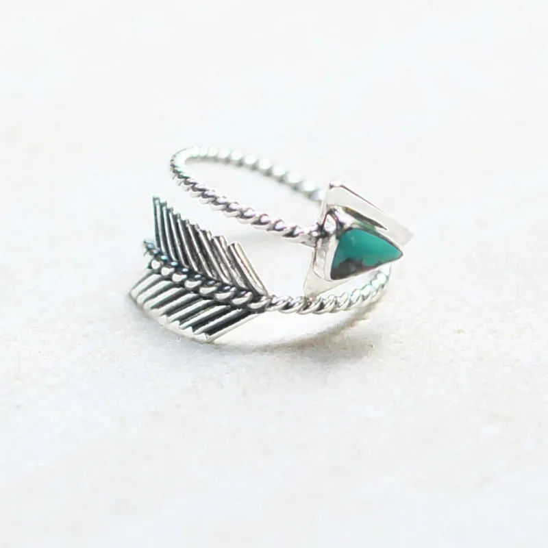 

Women's S925 Vintage Thai Silver Turquoise Feather Bow and Arrow Ring Party Gift Jewelry Ring Wholesale