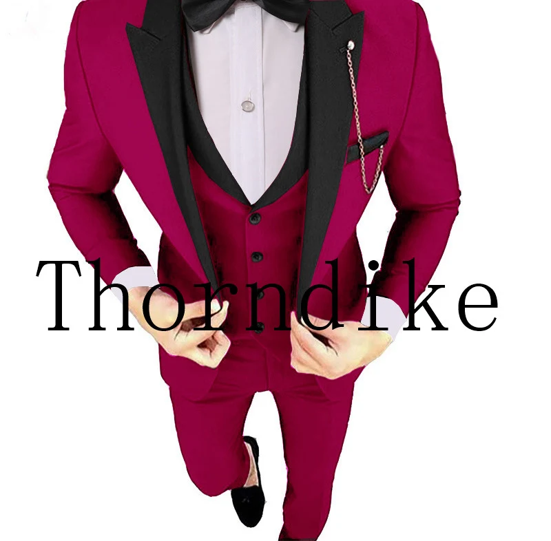 Thorndike красный костюм из 3 предметов Модный мужской повседневный бутик деловой костюм мужской свадебный костюм жениха блейзер(пиджак+ брюки+ жилет - Цвет: fuchsia