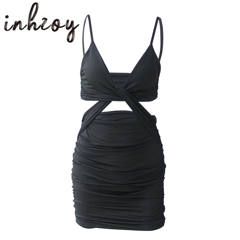 

Women Sexy Hollow Out Mini Dress Summer Sleeveless Backless Black White Ruched Bodycon Clubwear Streetwear Cocktail Party Dress