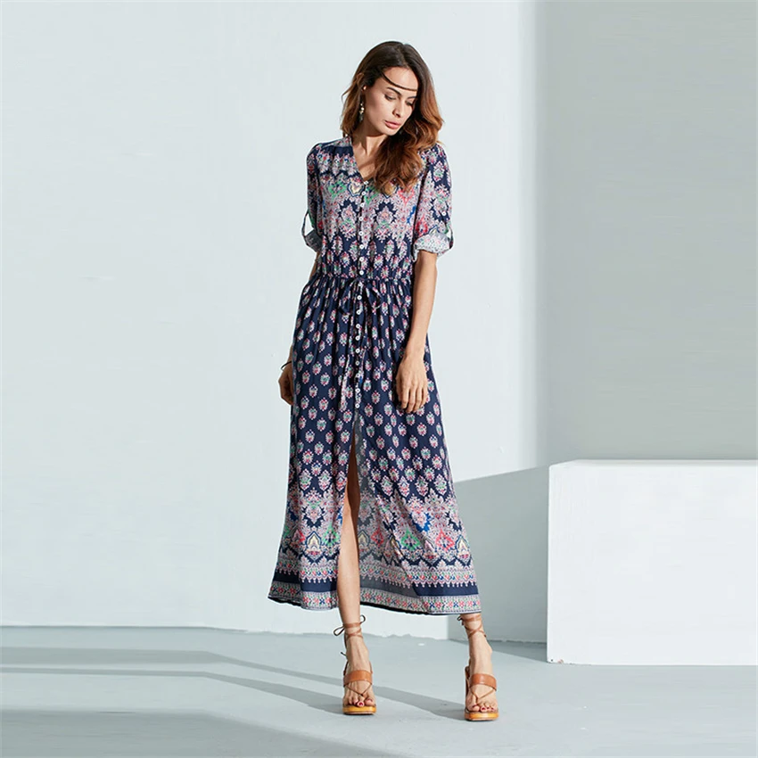 Женское платье макси с цветочным принтом V образным вырезом|Женские платья| |