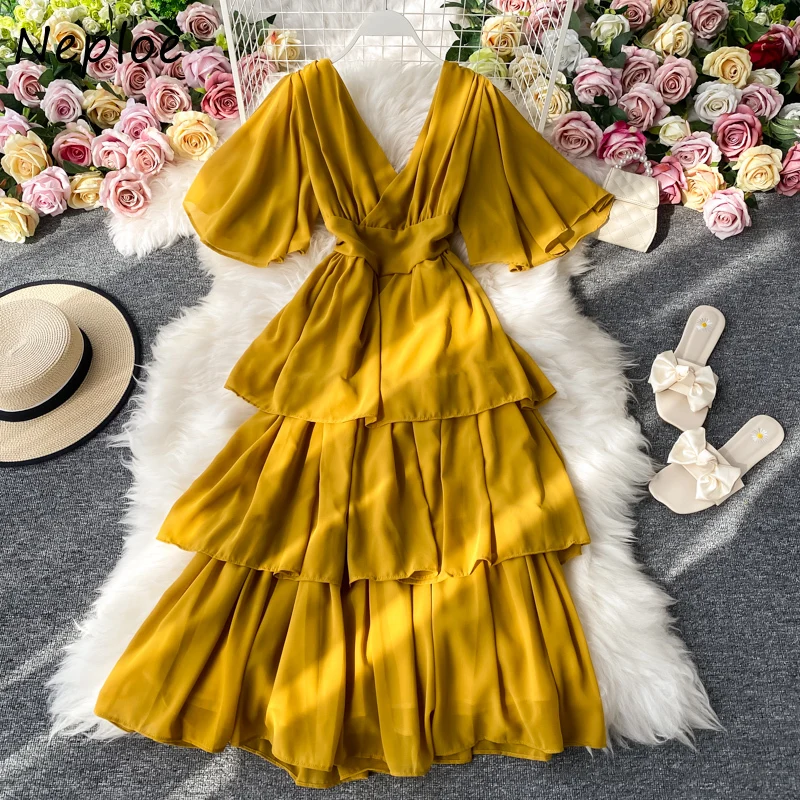 

Neploe Solid Chiffon Dresses 2021 Summer New Sexy V-neck Backless Ruffles Flare Sleeve Slim Wasit Women Cake Dress 82198
