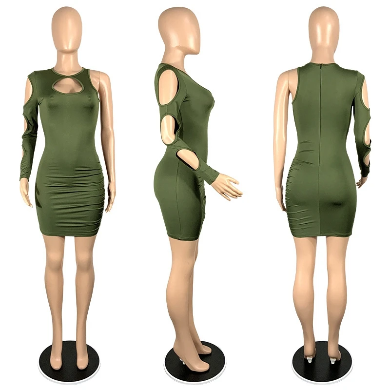 

Clubwear Hollow Out Sexy Bodycon Dress Women Clothing Spring One Shoulder Ruched Club Mini Dress Slim Skinny Short Party Dress