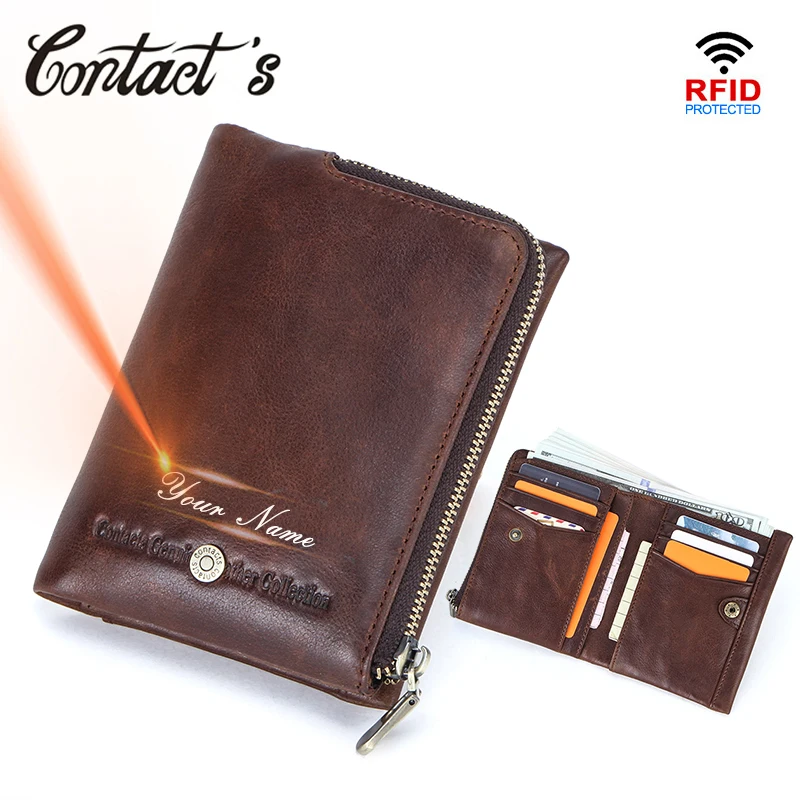 

Contact's Rfid Blocking Male Short Purse Crazy Horse Leather Men Wallet Vintage Bifold Card Holders Small Coin Pocket Zipper