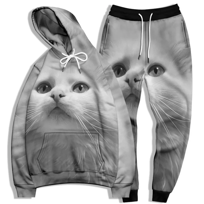 

Men Loose Casual Hoode Set Big Size Sweatshirt Cat Pattern Long-Sleeve Hoodie Trousers Pocket Drawstring Hip-Hop wear Sportswear