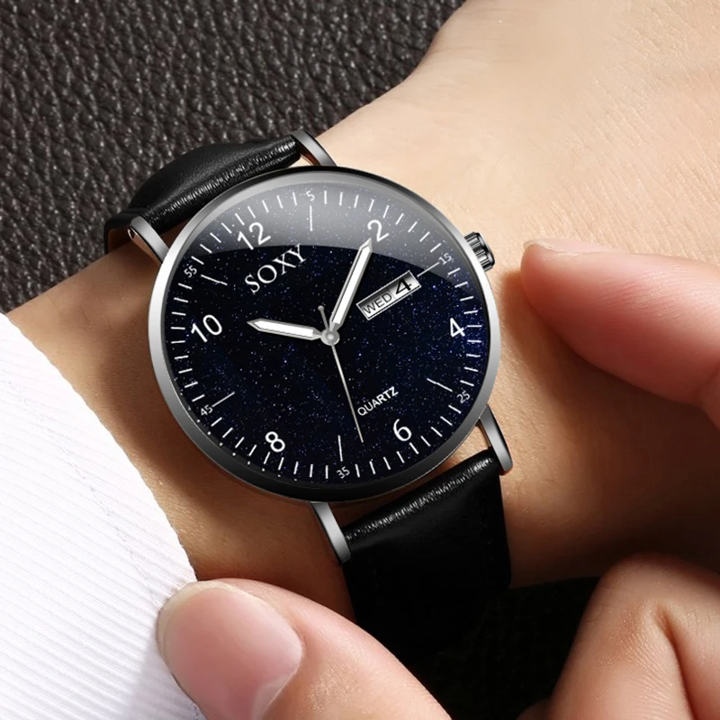 Спортивные мужские часы простые светящиеся звездное небо кожаный ремешок