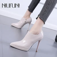 early spring beige black soft leather platform high heels women boots sexy pointed stiletto ankle boots zip slip on women shoes