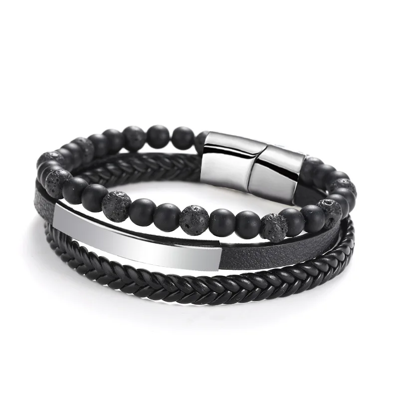 Мужской браслет из вулканического камня 6 мм многослойный кожаный с магнитной