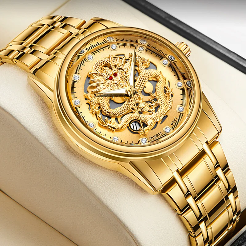 

Высококачественные Брендовые мужские кварцевые часы с золотым Драконом, индивидуальные водонепроницаемые часы со стальным ремешком, мужские деловые наручные часы, мужские часы