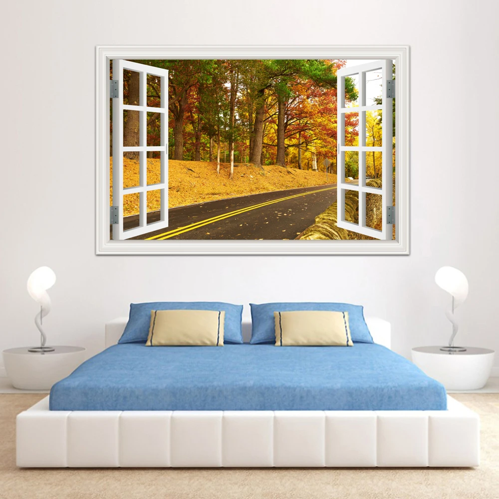 one piece 3D Window Sticker Landscape Wall Golden Maple Leaf Forest View Vinyl Wallpaper Home Decor Accessories for Living Room |