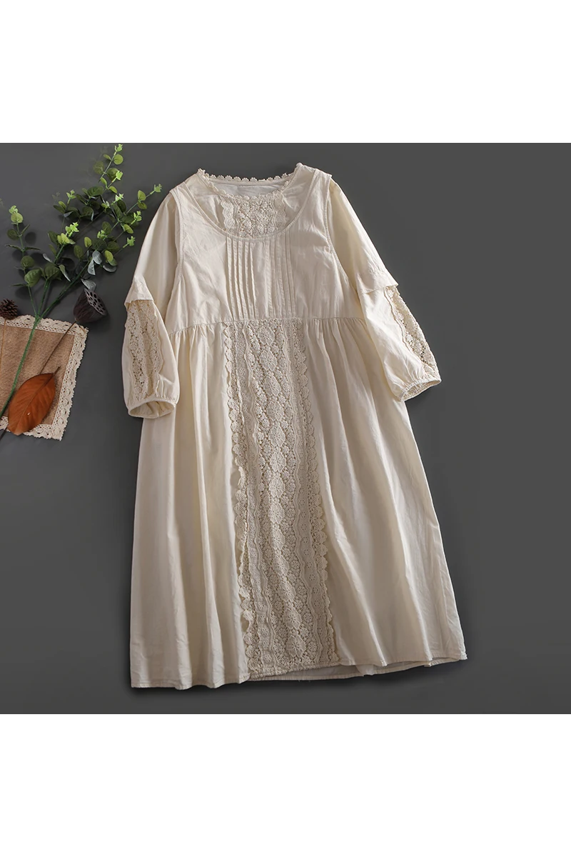 

Spring Autumn New Fake Two-Piece Lace Collar Dress Loose Solid Color Cotton Embroidered Mid-Length Dress Trendy