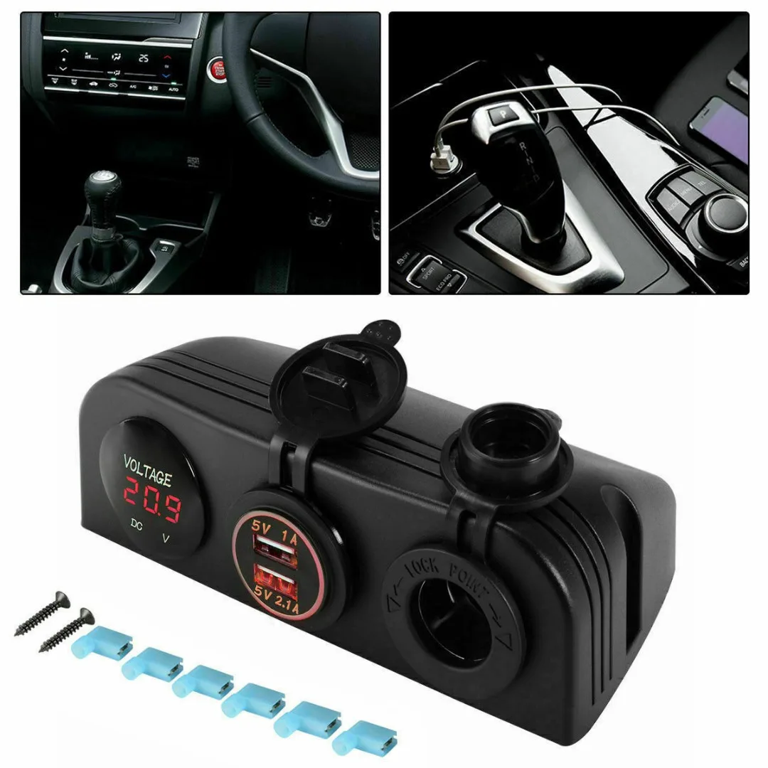 

DC 12V Red Dual USB 5V/2.1A Charger Cigarette Lighter Socket Voltmeter Panel Mount for Car Marine Boat Camper