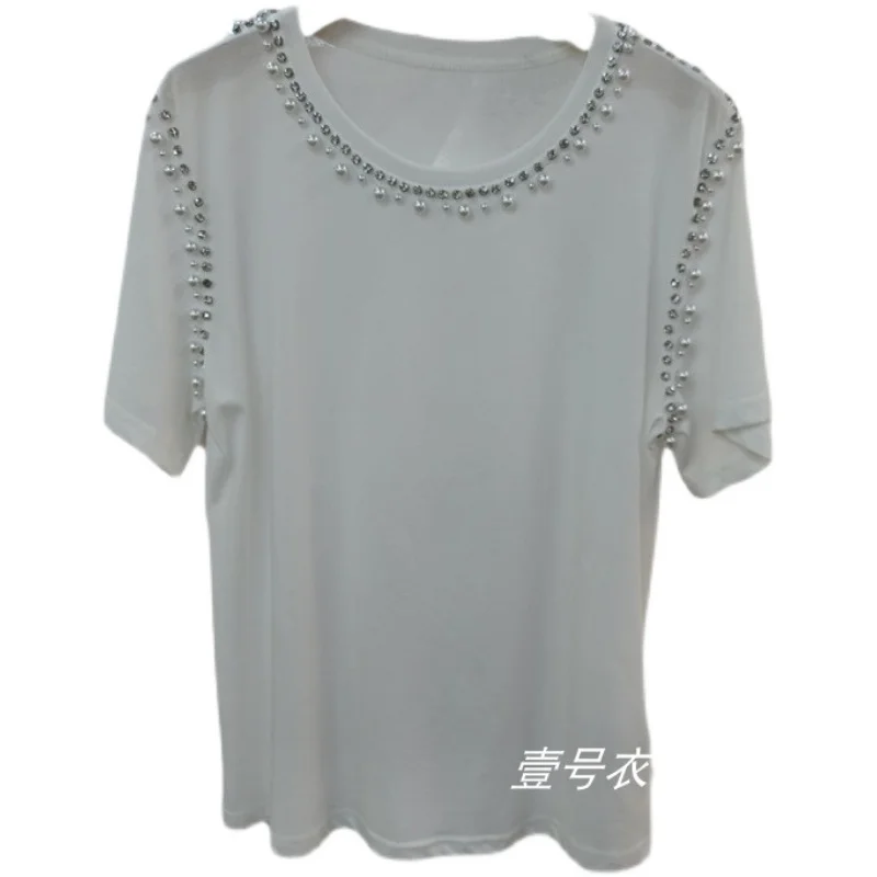 

Korean Style Rhinestone Beaded Round Neck T-shirt Women's Short Sleeve 2021 New Summer Wear Temperament Tshirt Tops Nancylim