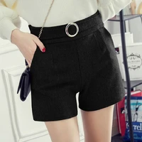 elegant slim simple metal buckle woolen shorts women winter spring casual wide leg shorts feminino zipper pocket buttons shorts