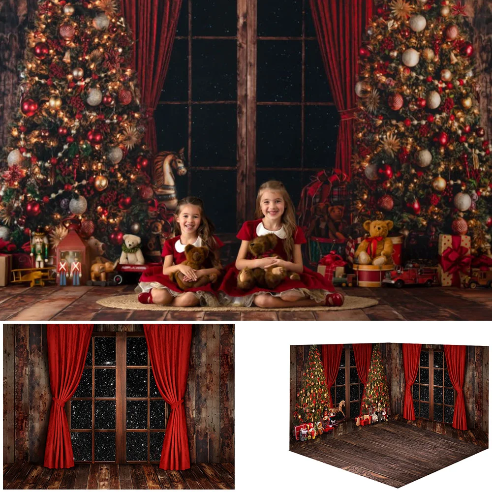 

Rustic Christmas Party Backdrop Decorations Red Curtain Gifts Toys Photoshoot Christmas Trees Winter Portrait Background Studio