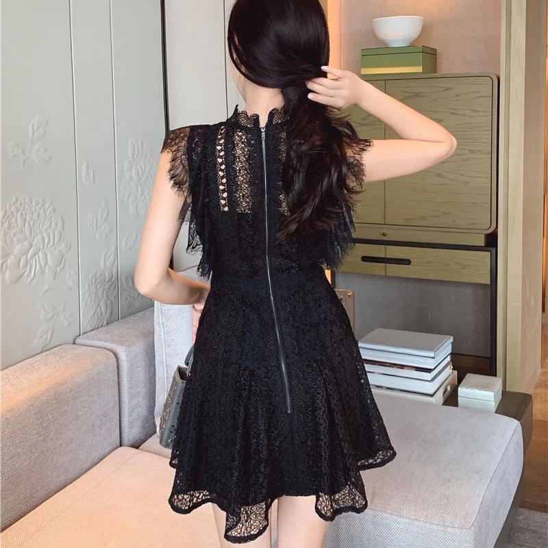 Женское кружевное платье без рукавов черное ажурное с оборками лето 2019|Женские