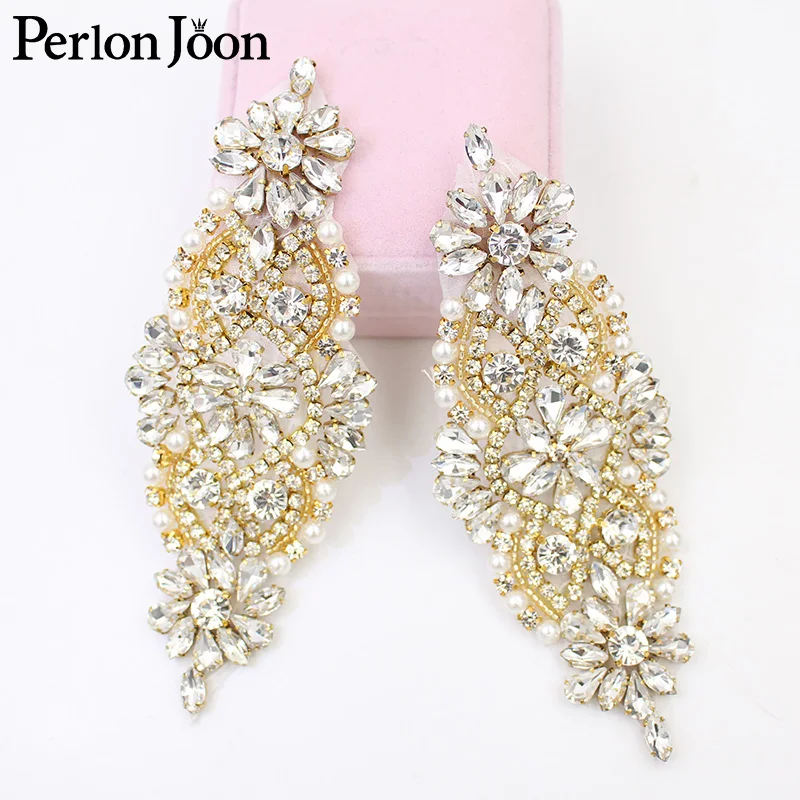 

1PC Glitter Handmade glass gold Rhinestone Applique Sewn on Wedding Dress Crystal Patch Decoration Accessories WH00024