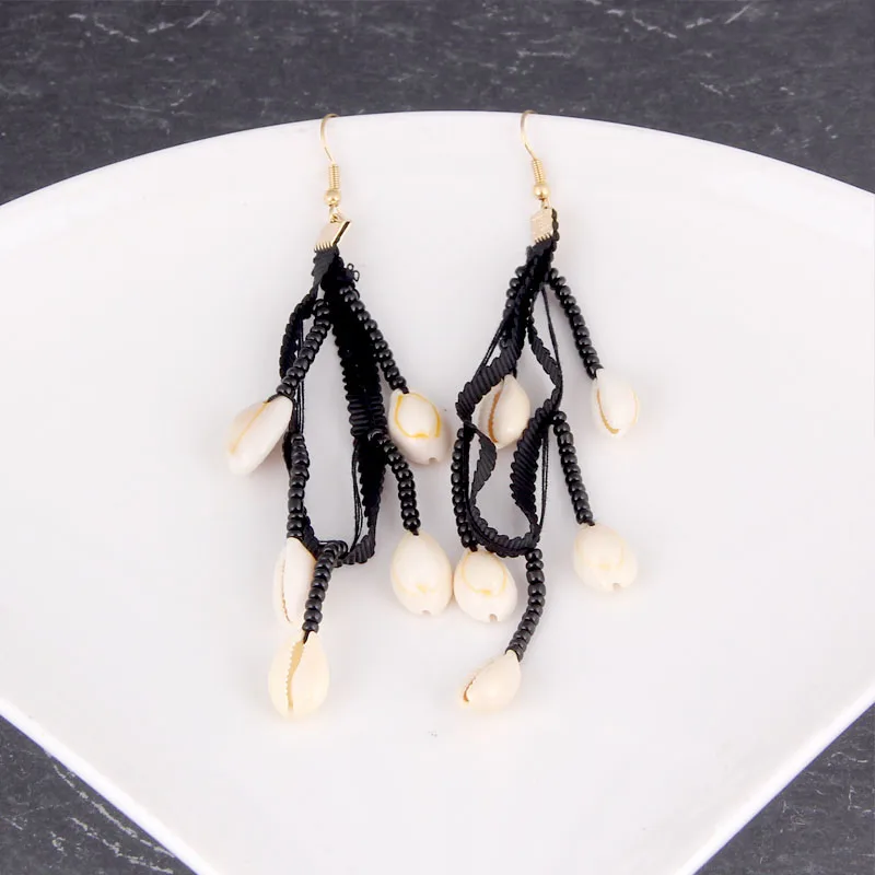 Женские Подвески в виде ракушек Boho вязаные Длинные серьги из черной ленты с