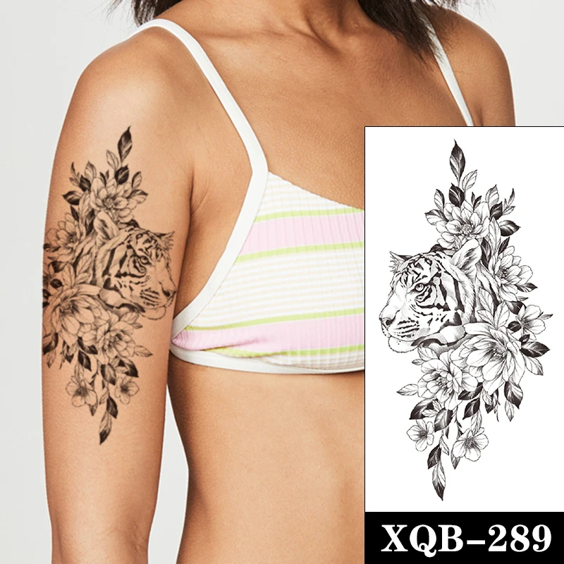 

Waterproof Temporary Tattoo Sticker Black Tiger Plain Flower Leaves Design Fake Tattoos Flash Tatoos Arm Body Art for Women Girl