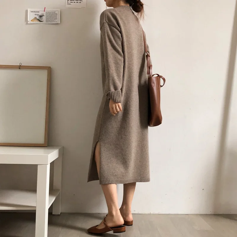 Женское трикотажное платье свитер с V образным вырезом и длинным рукавом|Женские