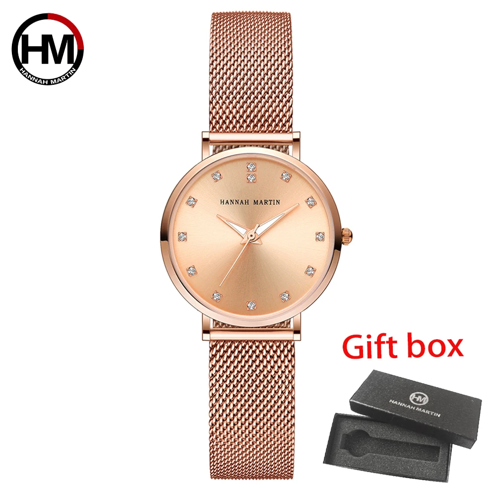 

Hannah Martin Brand Women Fashion Luxury Rose Gold Stainless Steel Watch With Mesh Strap Quality Classic Ladies Wristwatches