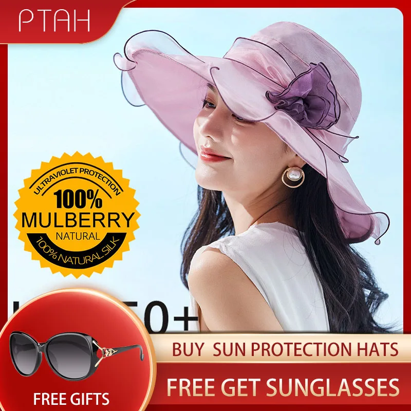 

[PTAH] 100% Mulberry Silk Hats Summer Sun Protection Breathable Cap Women's UPF50+ Beach Ruffles Hat Large Brim Not Polyester