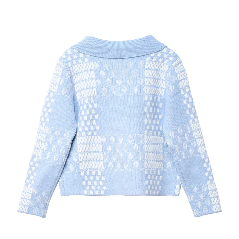 

Fall Winter Female Sweater Loose Fit Blue Plaid Warm Thick Jacket Lapel Turn-Down Collar Women Japan Style Coat Elegant Cardigan