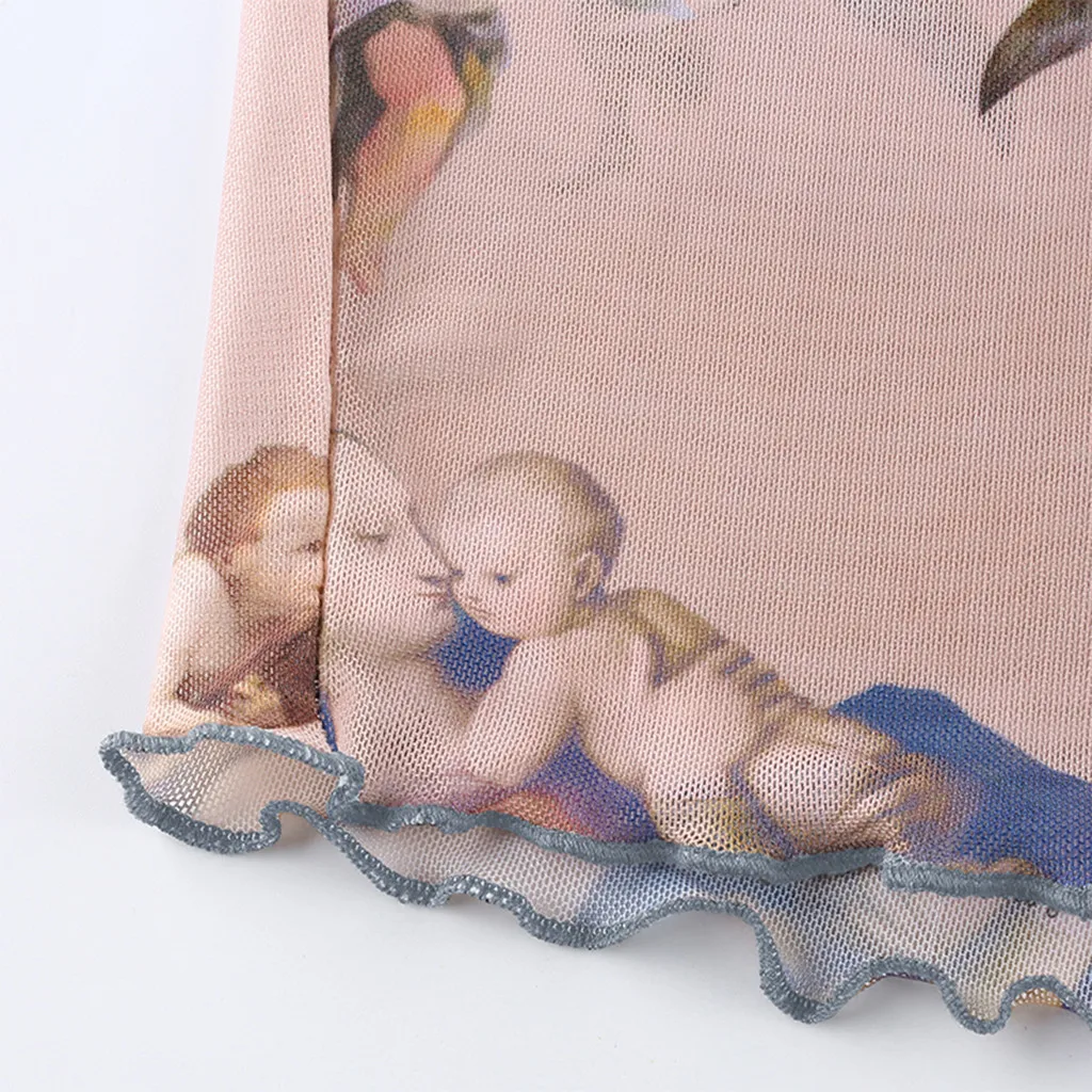Summer 2020 Kawaii Mesh Crop Top Tshirt Greek Mythology Angel Print See Through Women Sexy Short Sleeve Ropa Mujer | Женская одежда