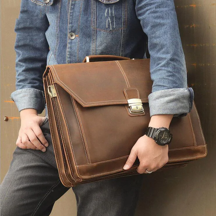 Luufan Double Layer Men Business Briefcase Bag Genuine Leather Men Laptop Shoulder Bag With Handle Large 17 Inch Computer Bag