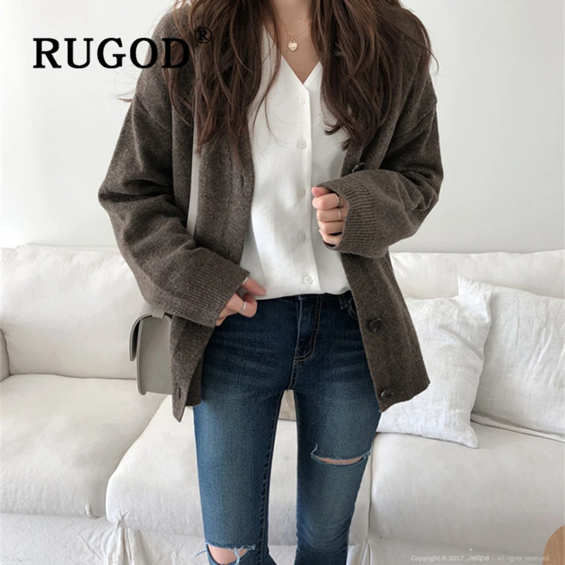 RUGOD Cardigan women Korean solid single-breasted V neck knitted lady sweater coat 2019 Fashion auturm warm oversized outwear |