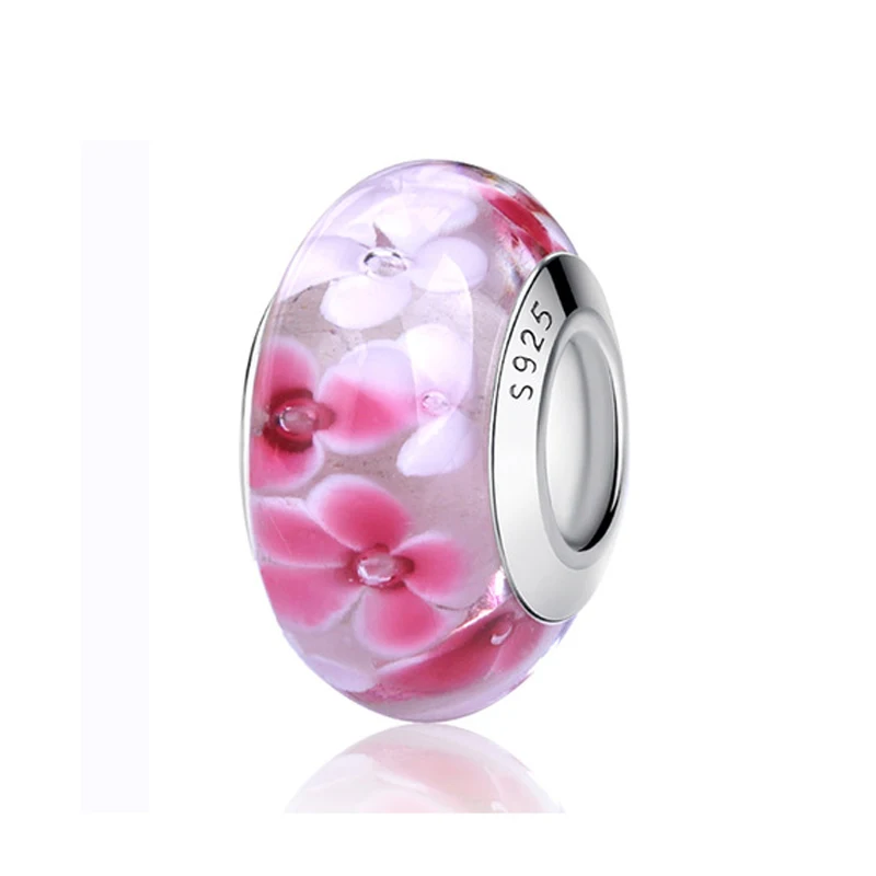 Bloom Pink 925 пробы, серебряные стеклянные бусины, шармы, подходят для браслетов Pandora, Радужное граненое муранское стекло, шарм, сделай сам, изготовление ювелирных изделий - Цвет: Bloom Pink