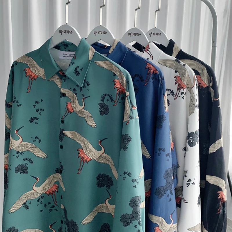 

Crane Print Men Shirt Casual Vintage Male Shirts Button Shirt Hip Hop Japanese Streetwear 2021 New Harajuku Long Sleeve Shirts