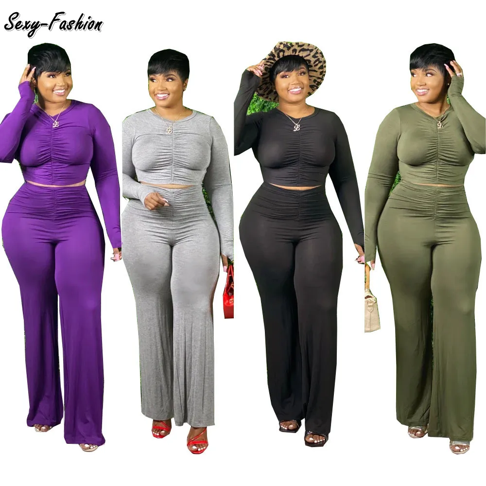 

Somoshein Xl-5xl Solid Color Sexy Stretch Two Piece Set Women Draped Crop Top Flared Pants Home Wear Wholesale Dropshipping