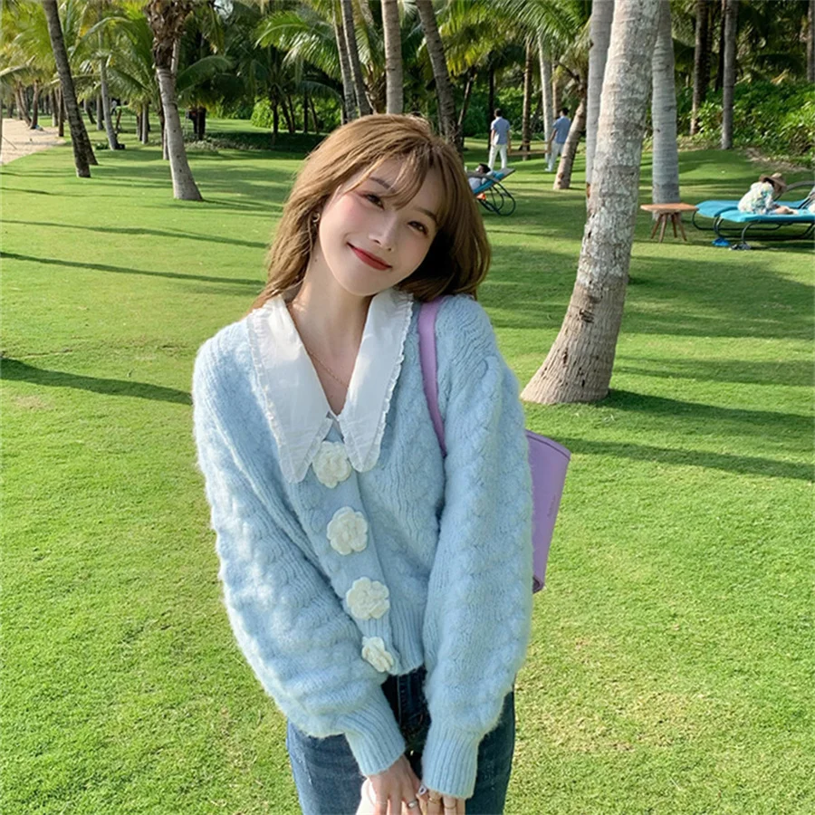 

Sweet Design Cardigan for Women Blue White Sweater Korean Style Y2K Female Coat Winter Knitted Cardigans Flower Knitted Suit