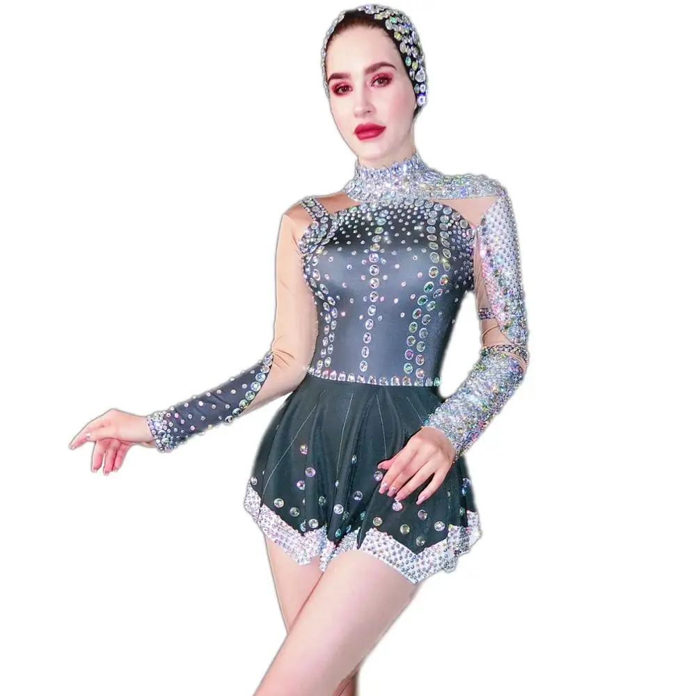 

Big Elastic Mini Short Dress Rhinestones Long Sleeve Sexy Women Birthday Celebration One Piece Singer Dancer Jazz Dance Costume