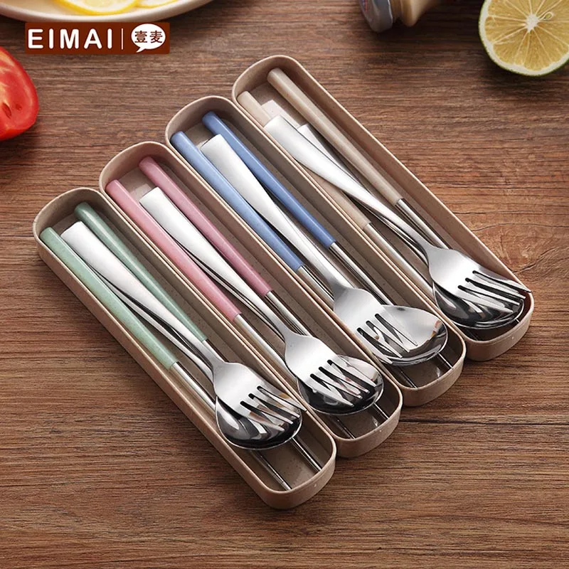 Portable Tableware Set Stainless Steel Dinnerware With Wheat Straw Handle Chopsticks Spoon Fork Travel Dinner A3 | Дом и сад