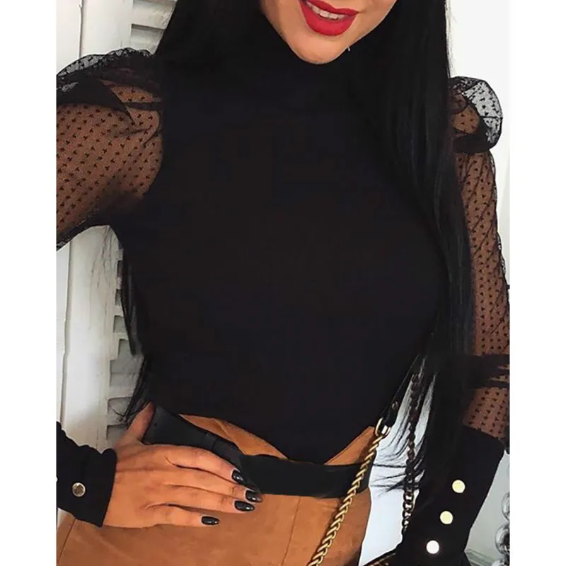 Женский пуловер в горошек с длинными рукавами пышными сетчатыми вставками