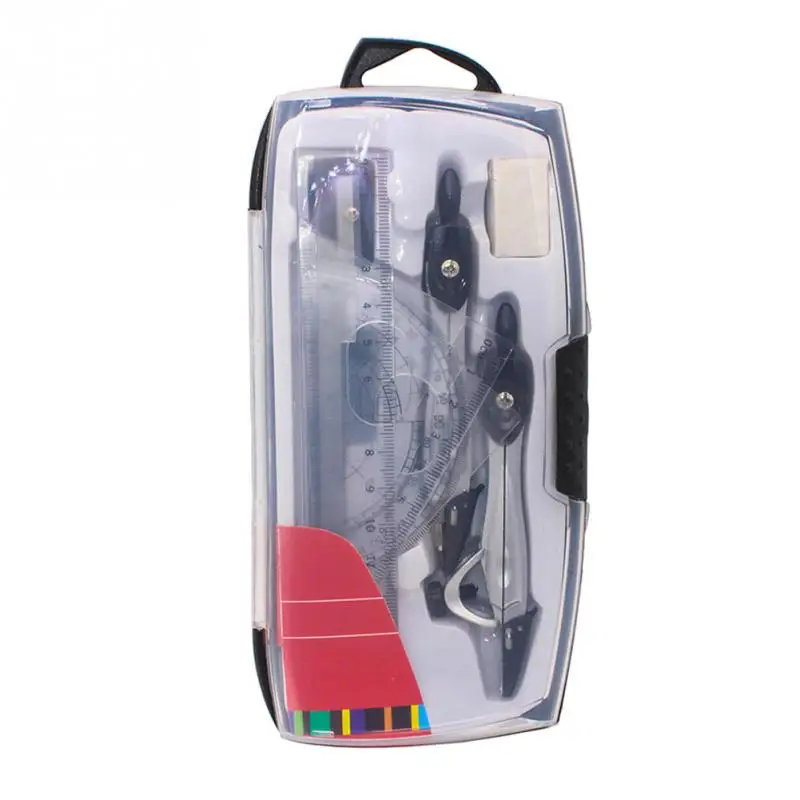 

10pcs set Plastic+metal Geometry Protractor Drawing School Eraser Compasses Set Math Eraser Ruler For Students high quality