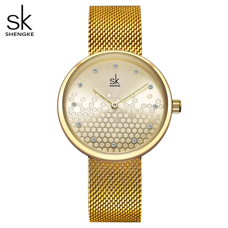 Women Watches Fashion SHENGKE Ladies Watch Luxury Brand Diamond Quartz Woman Gold Wristwatch Stainless Steel Mesh Female Clock