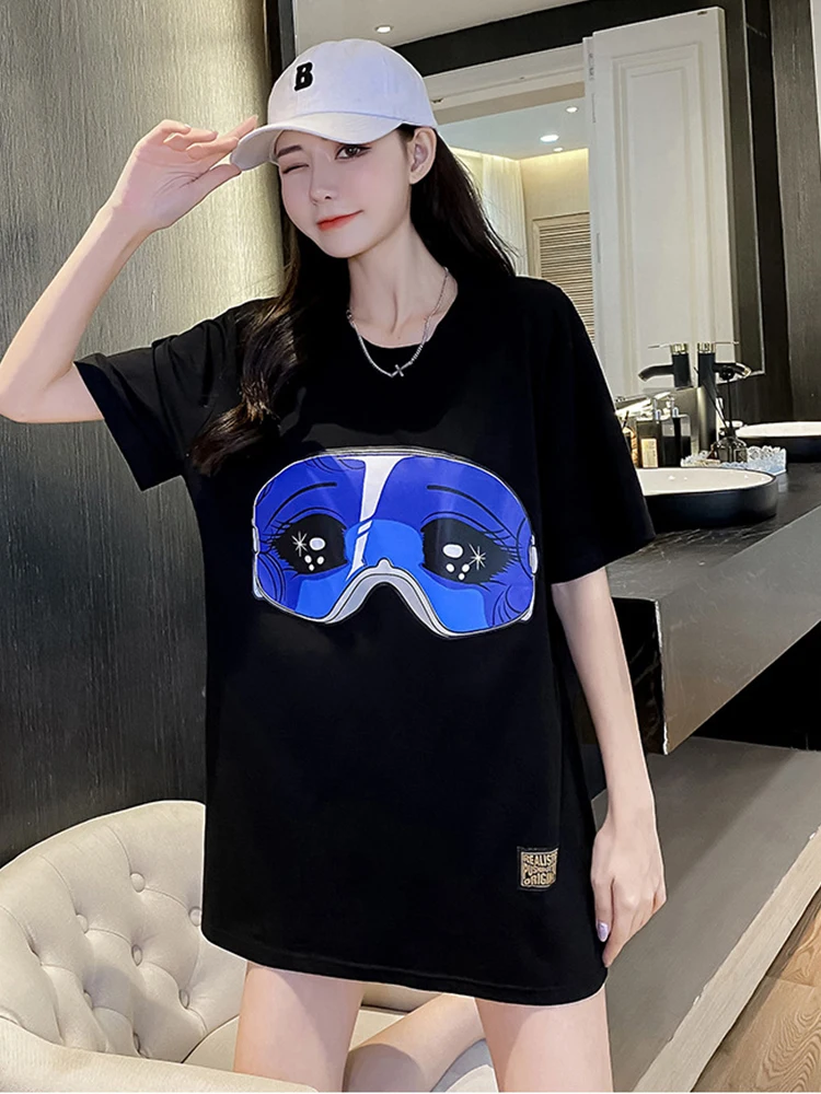 

Summer Classic Personality Design Cartoon Pattern Eyes Crying Blindfold Girl Top Casual Loose Simple T-shirt Men Women Same Styl