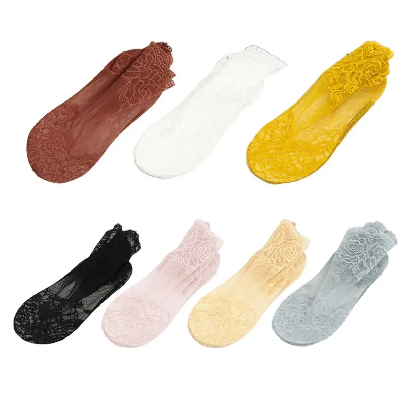 

Women Sexy Hollow Fishnet Ankle Socks Floral Lace Splice Anti-Skid Tube Hosiery H37C