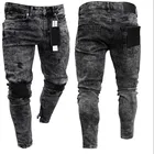 Мужские рваные джинсы скинни, черные байкерские дизайнерские пикантные джинсы с дырками, повседневные брюки на молнии