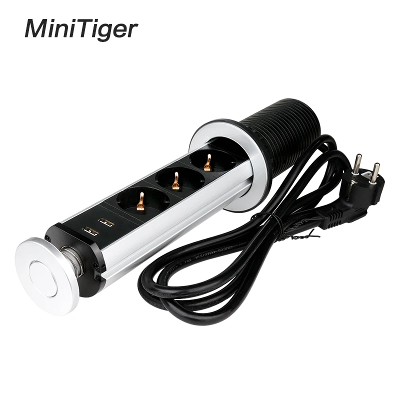 Minitiger 16A PULL POP UP 3 Power Socket 2 USB Charging Port Kitchen Table Desktop Sockets Retractable Countertops EU/FR Plug |