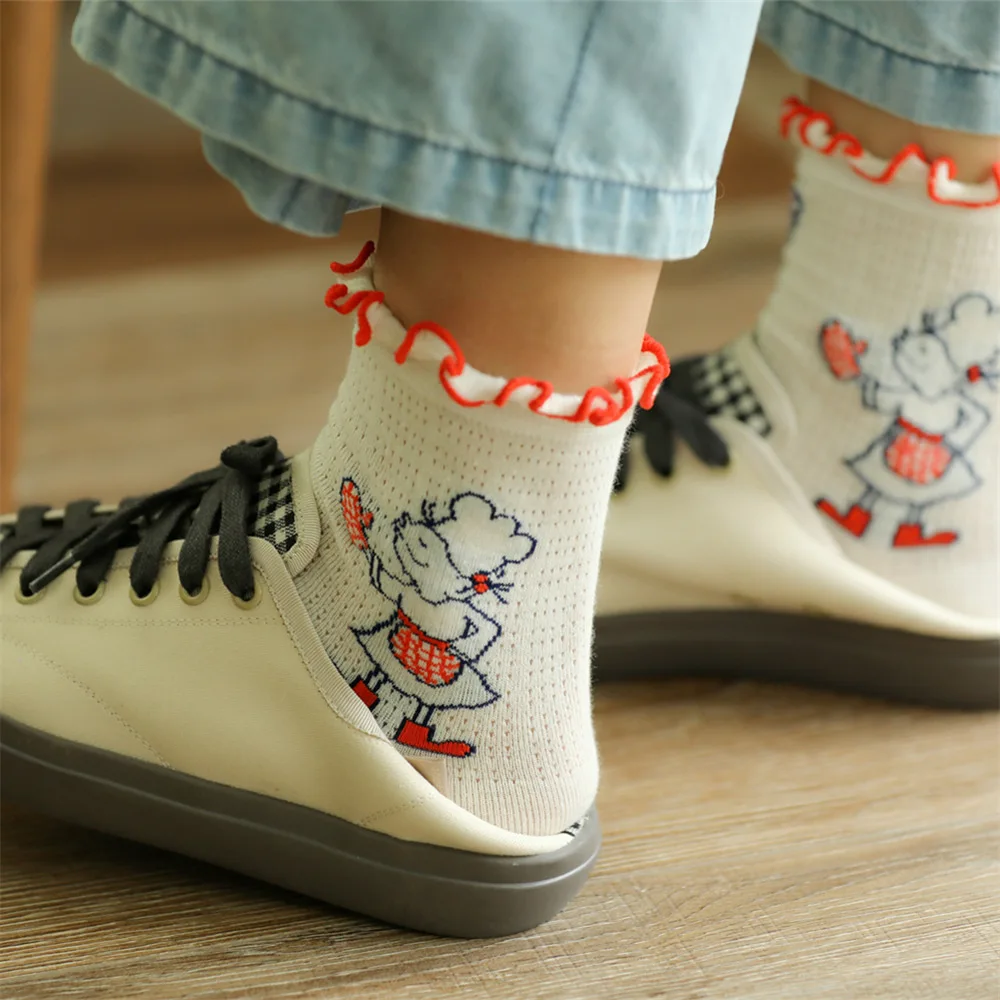 Cute cartoon girl summer mesh black fungus and combed cotton ms copy hand sewing thin socks | Женская одежда