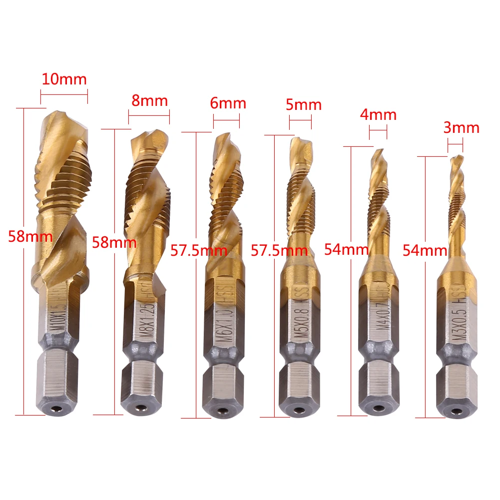 

6pcs M3-M10 Tap Drill Bits 1/4 inch Hex Shank Titanium Coated HSS Drilling Tap Bits Thread Screw Tapping Tools