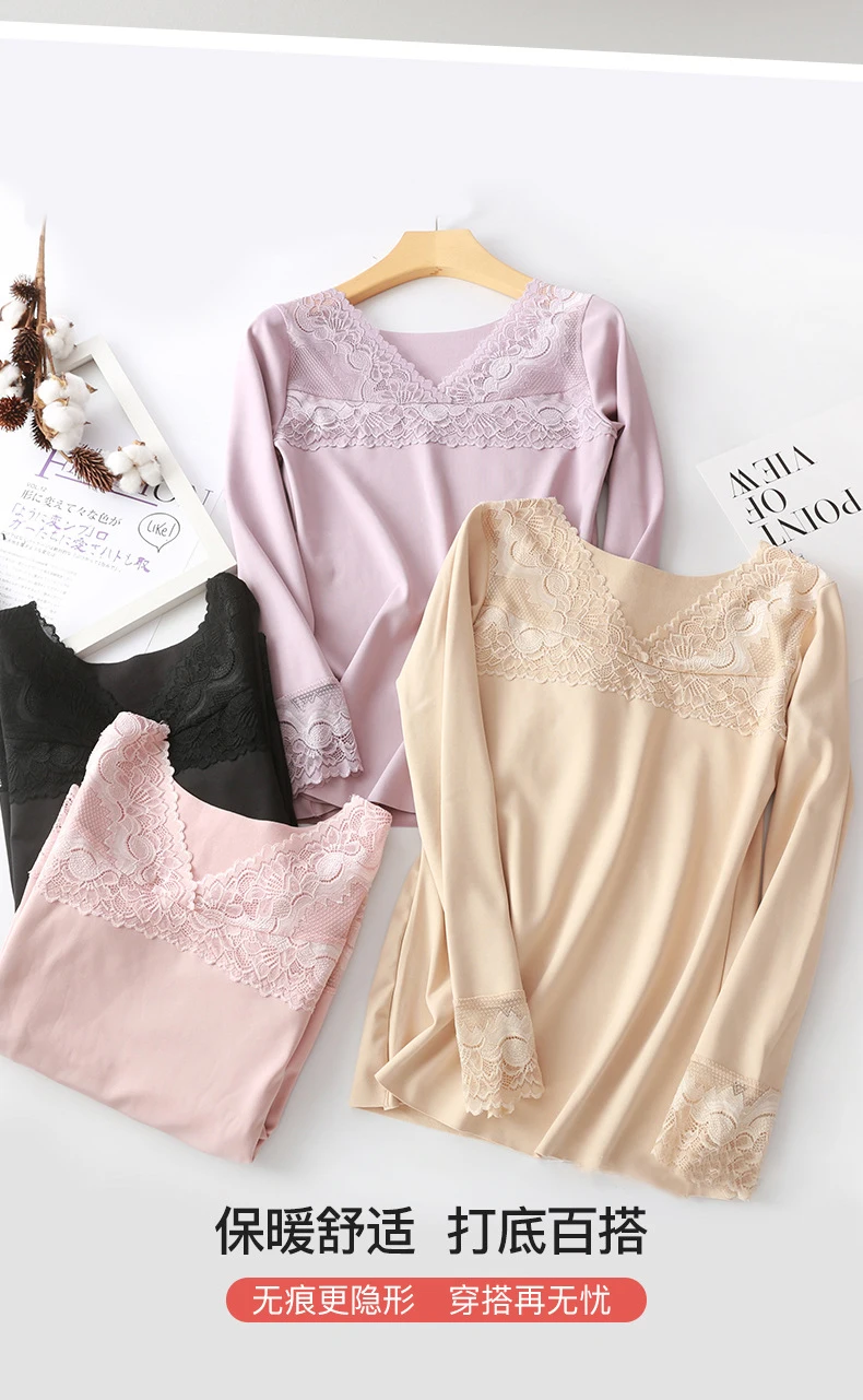 

Winter lace sexy long-sleeved warm clothing women wear all-match plus velvet self-heating inner wear tight body bottoming autumn